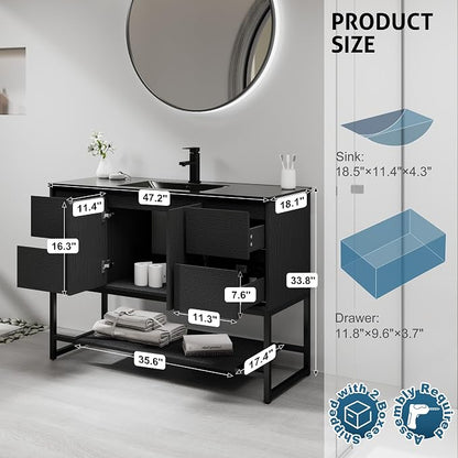 LUCKWIND 48" Modern Bathroom Vanity with Single Black Sink Combo, Freestanding Storage Cabinet with Metal Frame, Water-Saving Faucet and Open Shelf and 2 Soft-Closing Door, Black