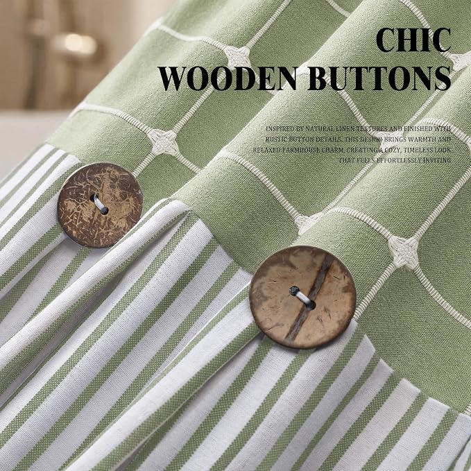 Farmhouse Shower Curtain Button Plaid-Green-Green Stripe 72"W x 72"L | Farmhouse Style, Chic Button, Striped, Linen Fabric, Rustic, Country, Natural Look, Washable, for Bathroom Bathtub