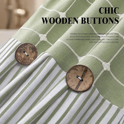 Farmhouse Shower Curtain Button Plaid-Green-Green Stripe 72"W x 72"L | Farmhouse Style, Chic Button, Striped, Linen Fabric, Rustic, Country, Natural Look, Washable, for Bathroom Bathtub