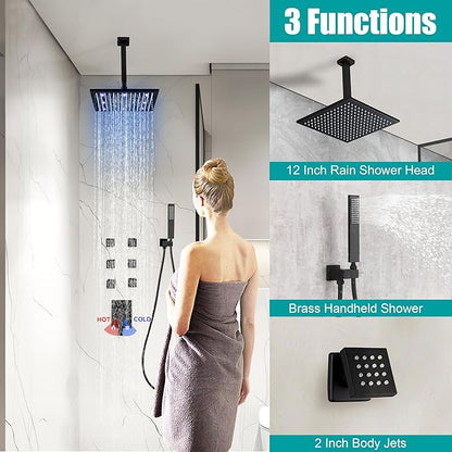 SKOWLL Matte Black Shower Faucet Set, High Pressure Ceiling 12 Inch LED Shower Head with Handheld Bathroom Full Body Shower System Include 6 Body Spray Jet