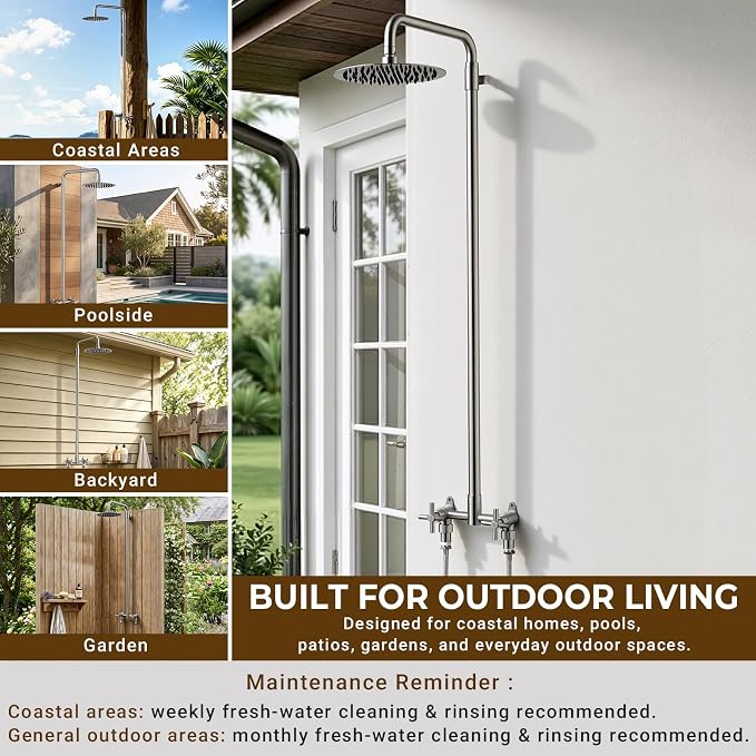 316 Marine-Grade Stainless Steel Wall-Mount Outdoor Shower Kit | SUS 316 Stainless Steel, Easy Install, Height Adjustable, Exposed Wall-Mount, for Beach, Coastal & Backyard Homes
