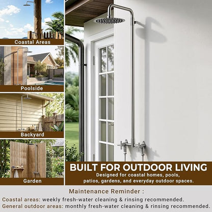 316 Marine-Grade Stainless Steel Wall-Mount Outdoor Shower Kit | SUS 316 Stainless Steel, Easy Install, Height Adjustable, Exposed Wall-Mount, for Beach, Coastal & Backyard Homes