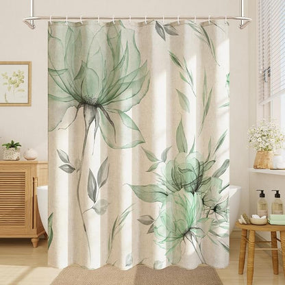 Litabel Farmhouse Green Floral Linen Shower Curtain, Boho Vintage Spring Cotton Shower Curtains for Chic Elegant Bathroom Decor, Ink Painting Style Blossom Fabric Bath Curtain, 72 x 72