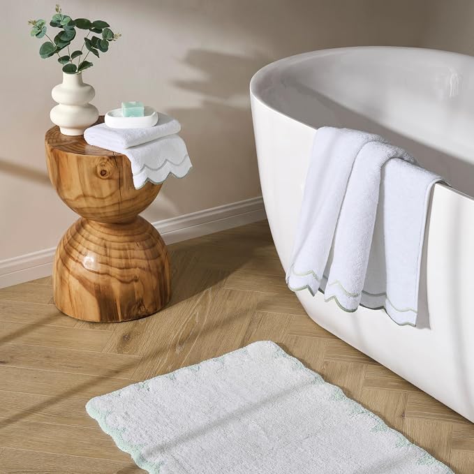Peri Home Scalloped Bath Rug - Soft & Absorbent 100% Cotton Tufted Bath Mat, 20" x 30", White with Sage Scallop | Soft & Absorbent, Cotton Tufted, Mat, Scallop