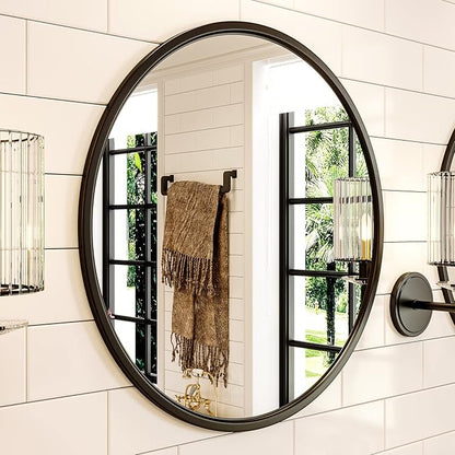 Growsun 24'' Black Round Mirror, Circle Wall Mirror for Bathroom Vanity, Entryway Living Room with Metal Frame for Home Decor, 2 Pack
