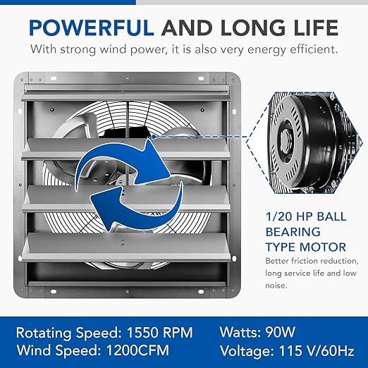 iPower 16 Inch Shutter Exhaust Fan Aluminum,High Speed 1550RPM, 1200 CFM, 2-Pack, Silver