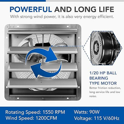 iPower 16 Inch Shutter Exhaust Fan Aluminum,High Speed 1550RPM, 1200 CFM, 2-Pack, Silver