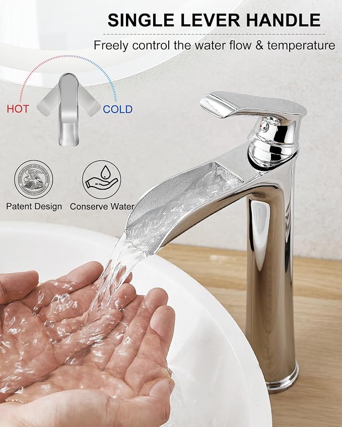 Bathroom Waterfall Faucet, Brass Tall Chrome Bathroom Faucet One Handle, Vessel Sink Faucet 1 Hole, Faucet for Bathroom Sink with Pop-Up Drain & Supply Hoses for Vanity Lavatory RV Farmhouse