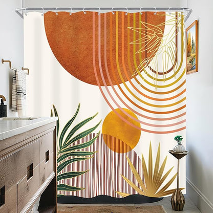 Mid Century Orange Boho Abstract Modern S Bathroom Shower Curtain Set | 72Wx72L Plant Botanical design, waterproof HD print with fast-drying fabric and 12 hooks.