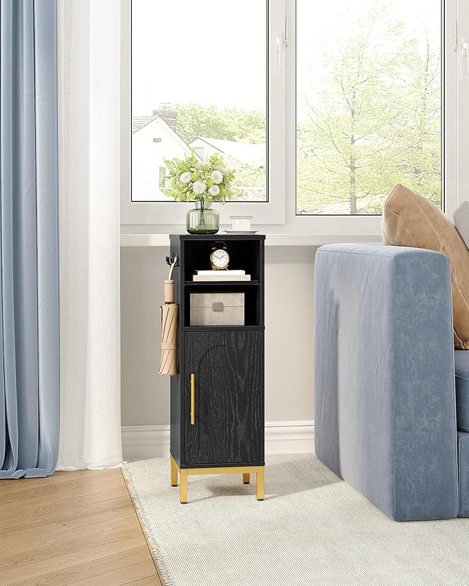 Bathroom Storage Cabinet, Corner Floor Cabinet with Door & Shelves, 2Hooks, Small Narrow Storage Organizer, Toilet Paper Cabinets for Small Space, Black SC06304GV1