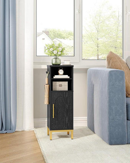 Bathroom Storage Cabinet, Corner Floor Cabinet with Door & Shelves, 2Hooks, Small Narrow Storage Organizer, Toilet Paper Cabinets for Small Space, Black SC06304GV1