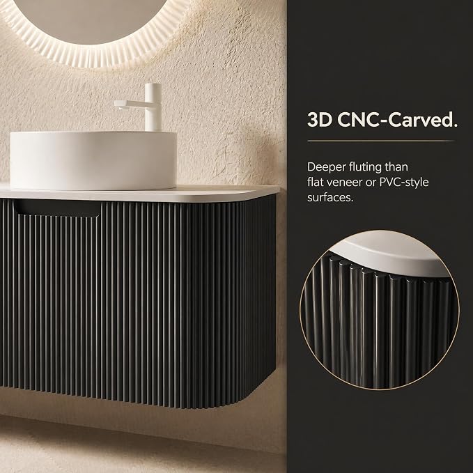 60 Inch Double Sink Bathroom Vanity, Floating Wall Mounted Cabinet, Black Curved Fluted Front, Stone Top, Dual Pure White Round Vessel Basins, Pre-Assembled