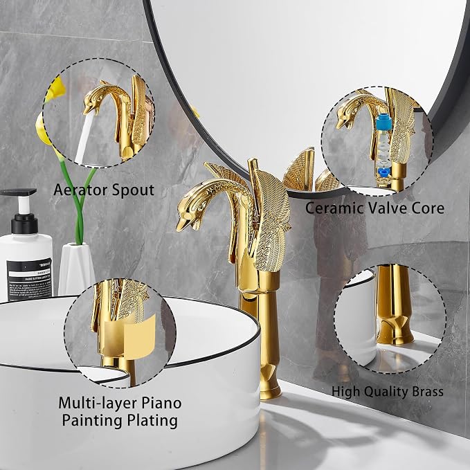 Gold Swan Shape Single Handle One Hole Bathroom Vessel Sink Faucet Deck Mount Lavatory Sink Faucet