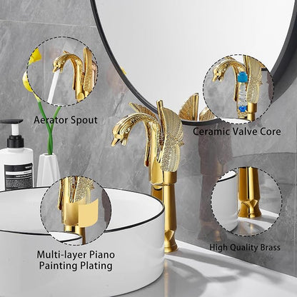 Gold Swan Shape Single Handle One Hole Bathroom Vessel Sink Faucet Deck Mount Lavatory Sink Faucet