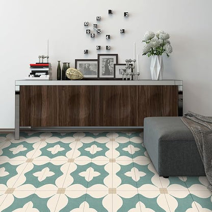 Teal Beige Geometric Peel and Stick Floor Tiles 12x12 Inch 10PCS | Teal beige cream minimalist geometric flower pattern vinyl floor stickers for kitchen bathroom entryway and indoor home decor
