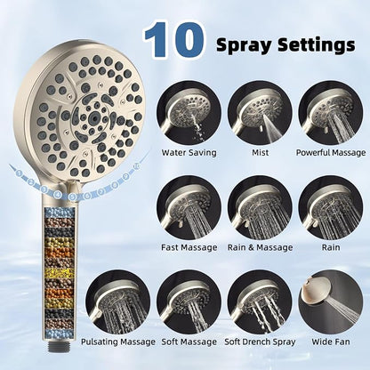 Metal Rain Filtered Shower Head with Handheld, 10" High-Pressure,10-Mode | Brushed Nickel, Rainfall Showerhead with 5" Handheld Powerful Wash, Adjustable 16" Extension Arm/71" Hose, 20-Stage Filter