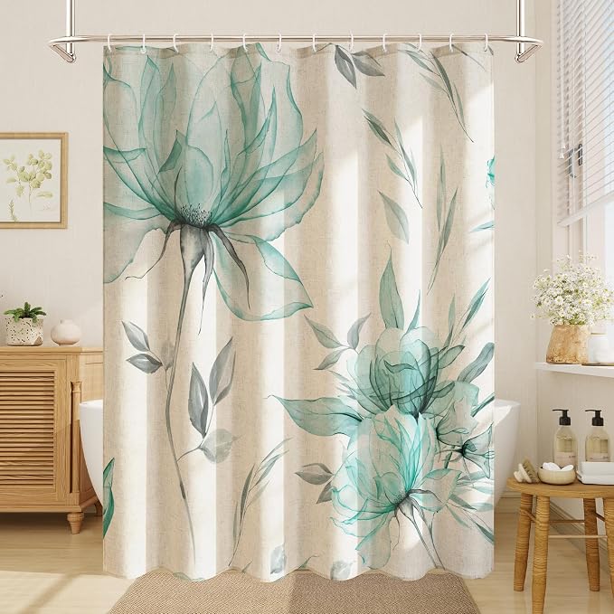 Teal Floral Linen Shower Curtain, Watercolor Botanical Design, 72 x 72 | Boho Floral Design, Watercolor Botanical Style, Ink Painting Flowers & Leaves, Linen Blend Fabric Curtain