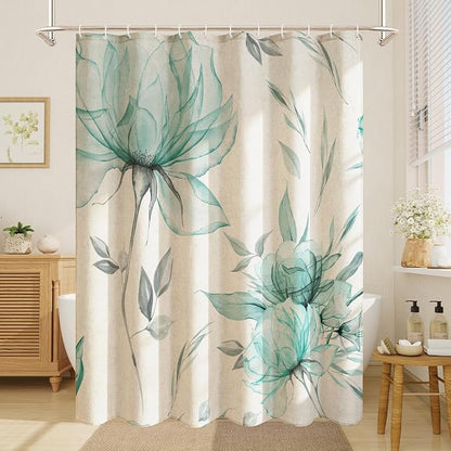 Teal Floral Linen Shower Curtain, Watercolor Botanical Design, 72 x 72 | Boho Floral Design, Watercolor Botanical Style, Ink Painting Flowers & Leaves, Linen Blend Fabric Curtain