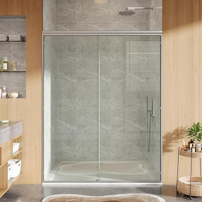 GarveeLife Framed Sliding Shower Door 56-60 Inch W x 72 Inch H– Aluminum Frame Full Coverage with Fixed & Sliding Tempered Glass Panels, 6mm Easy-Clean Coated Glass, Brushed Nickel Finish