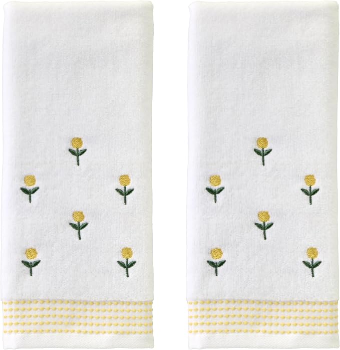 SKL Home Staggered Blossoms Hand Towel Set-2pc, 100% Cotton, White | Soft velour with decorative embroidery. For use in the bathroom, kitchen, bar or any sink space & makes a great gift.