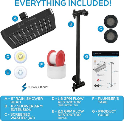 SparkPod 6" Square Rain Shower Head with 16" Shower Arm | Shower Head & Extension Arm Combo, Height Adjustable, High Pressure Performance, Easy 1-Minute Installation, Black Matte