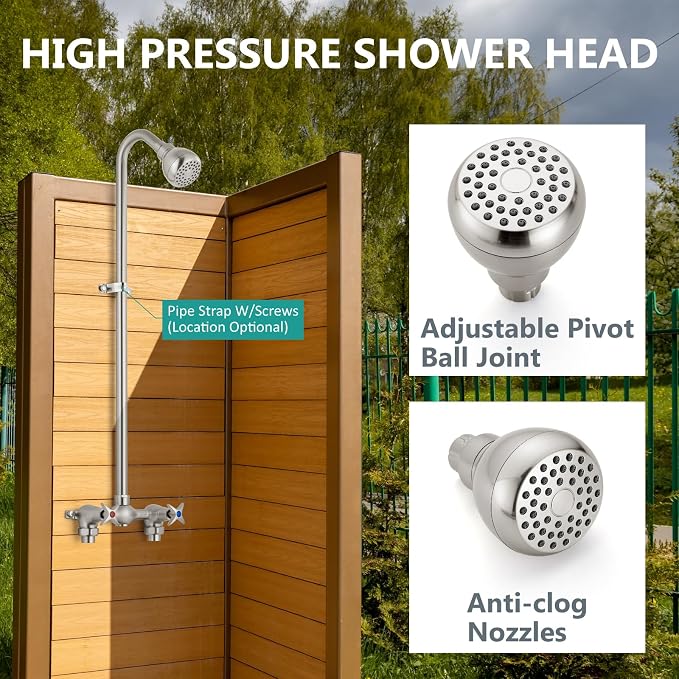 Aolemi Outdoor Shower Kit, 6-Inch Center, 2-Handle, Brushed Nickel | Solid Brass Mixer Valve, SUS304 Shower Pipe, Dual-Handle Hot And Cold Control, Reversible Inlets, and Rotating Head