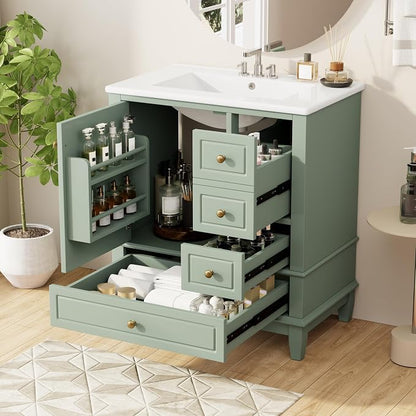 Merax 30" Bathroom Vanities Cabinet with Ceramic Sink Set Combo, Multi-Functional Storage Organizer Door Shelf, Three Drawers, Soft-Closing Door, Light Green