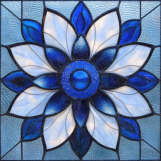 Blue Stained Glass Flower Peel and Stick Floor Tiles 12x12 Inch 10PCS | Blue stained glass style flower pattern vinyl floor stickers for kitchen bathroom entryway and indoor home decor