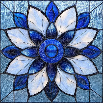 Blue Stained Glass Flower Peel and Stick Floor Tiles 12x12 Inch 10PCS | Blue stained glass style flower pattern vinyl floor stickers for kitchen bathroom entryway and indoor home decor