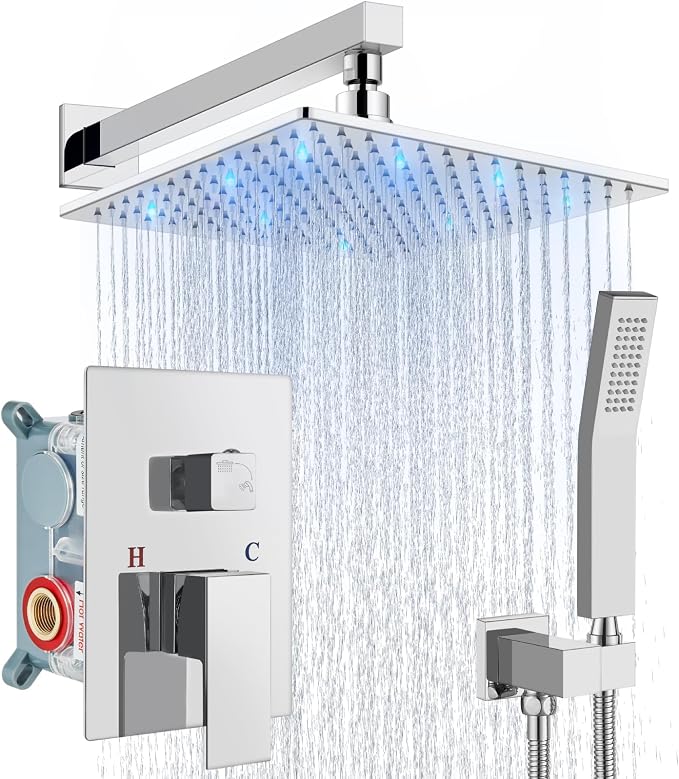 Aolemi Shower Faucet Set with Valve Handheld 10" LED Head Polish Chrome | Handheld Spray,10 Inch Rain LED Head,Valve and Trim Kit,All Metal,Wall Mount Shower System,Bathroom Mixer