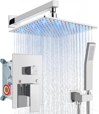 Aolemi Shower Faucet Set with Valve Handheld 10" LED Head Polish Chrome | Handheld Spray,10 Inch Rain LED Head,Valve and Trim Kit,All Metal,Wall Mount Shower System,Bathroom Mixer