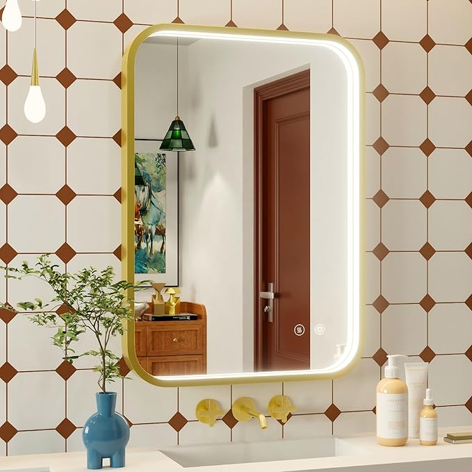 20x28 Inch Gold LED Bathroom Mirror with Lights,3000K/4500K/6000K | Stepless Dimmable, Memory Funtion,Anti-Fog, Aluminum Frame Wall Mount Lighted Bathroom Vanity Mirror, ETL Listed, Waterproof