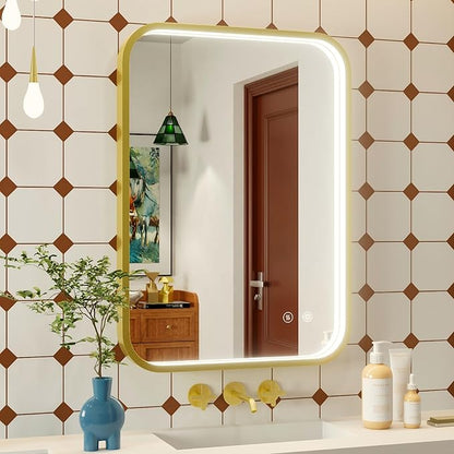 20x28 Inch Gold LED Bathroom Mirror with Lights,3000K/4500K/6000K | Stepless Dimmable, Memory Funtion,Anti-Fog, Aluminum Frame Wall Mount Lighted Bathroom Vanity Mirror, ETL Listed, Waterproof
