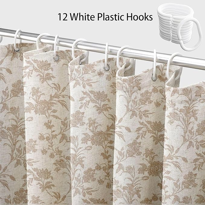 WOUVMA Extra Long Beige Shower Curtain Floral Cotton Linen Cottagecore Shower Curtain for Bathroom 96" L x 72" W