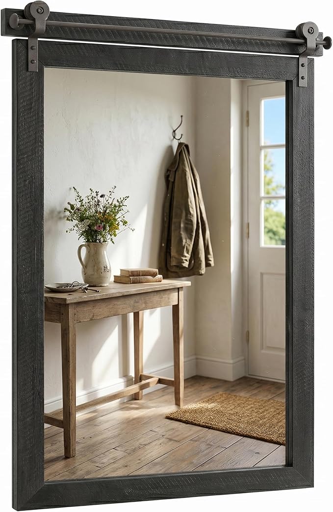 24"x36" Black Wood Grain Barn Door Vanity Mirror with Wood Header | 100% solid wood, HD tempered glass, bronze-tone iron rail; farmhouse vanity mirror for over sink, powder room, entryway