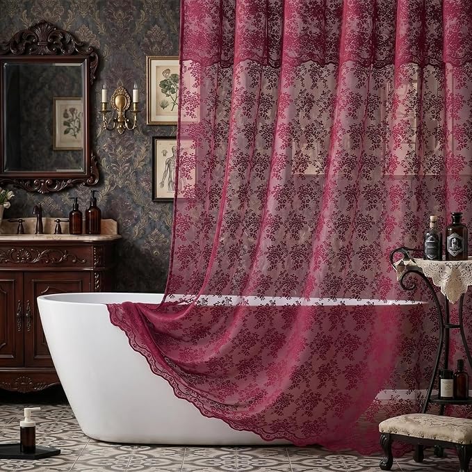 Burgundy Lace Shower Curtain 72x84, 84 Inches Long with Attached Valance | Wine Red Shower Curtain, Magenta Floral Lace Details, Airy Appearance, Vintage Victorian Moody Style forTall Bathrooms