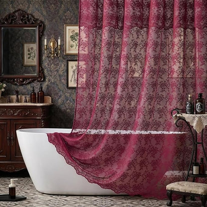 Burgundy Lace Shower Curtain 72x84, 84 Inches Long with Attached Valance | Wine Red Shower Curtain, Magenta Floral Lace Details, Airy Appearance, Vintage Victorian Moody Style forTall Bathrooms