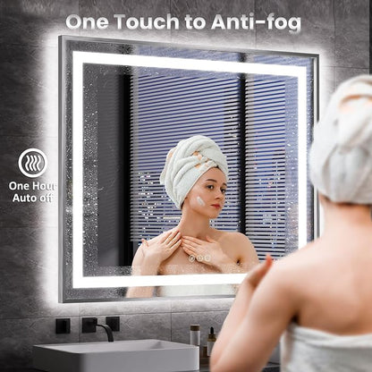 LED Bathroom Mirror 72"X36", Front Light and Backlit(Brushed Silver) | Metal Framed Mirror, Stepless Dimmable, Anti-Fog, HD Reflection, Shatter-Proof, Memory, 3 Colors Lighting, UL Listed.