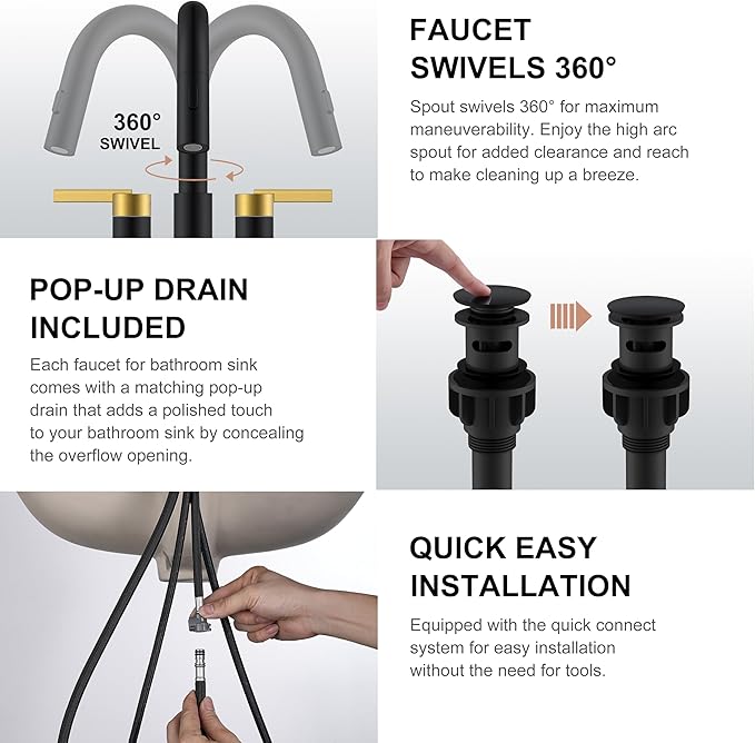 KENES Black and Gold Centerset Bathroom Faucet with Pull Out Sprayer, 4 Inch 2 Handle Pull Down Bathroom Sink Faucet 3 Hole, Bathroom Vanity Faucet with Pop Up Drain & Supply Lines LJ-9069-BG
