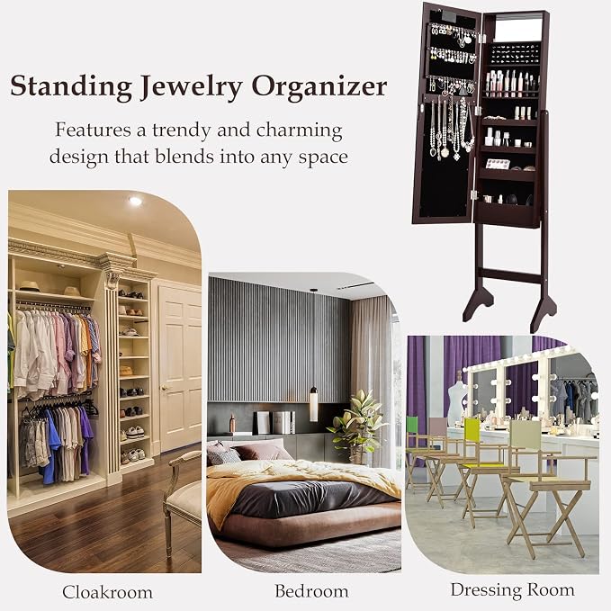 NAFORT 18 LED Lights Standing Mirror Jewelry Cabinet, Large Storage Mirror Full Length, Jewelry Armoire with Lipstick Holders, Shelves, Earring Notches, Inside Makeup Mirror, Brown