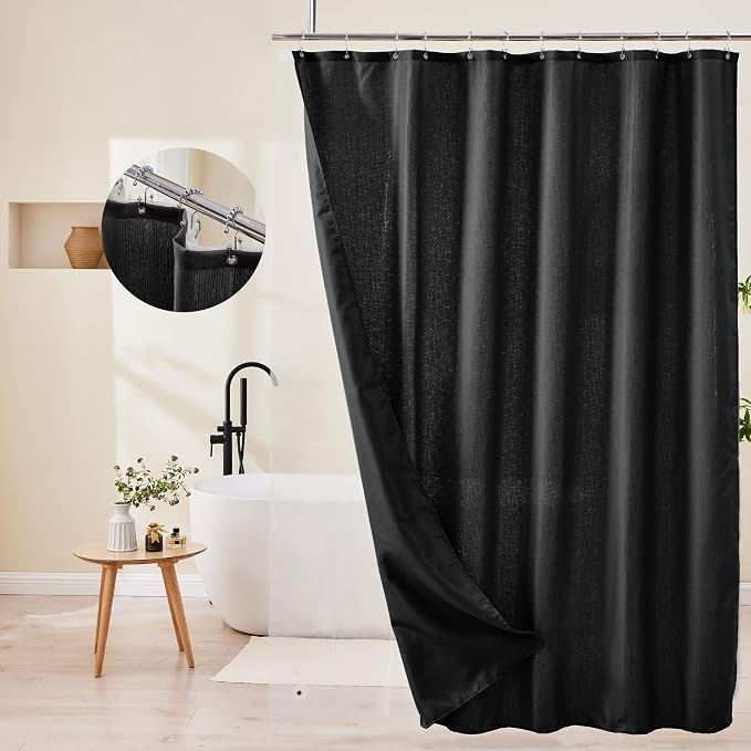 3 in 1 Shower Curtain Set, 72x84 Black Shower Curtain and Liner Set with 12 Double Sided Shower Curtain Hooks, Cloth Shower Curtains for Bathroom,Waterproof