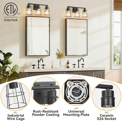3-Light Black Bathroom Vanity Light Fixture Over Mirror, Industrial Caged | Farmhouse Rustic Wall Sconce Light Fixture with Metal Wire Lampshade for Bathroom, 17.9 Inch,E26(Bulbs not Included)
