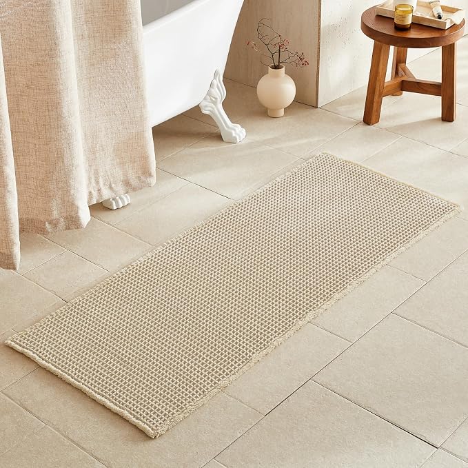 TYUU Waffle Runner Rug Bathroom, Long Boho Bath Mat, 60x24 Pale Beige | Super Absorbent Quick Dry Bath Rug, Non-Slip Backing, Soft Waffle Washable Farmhouse Bathroom Mats, Tub, Shower & Home Decor
