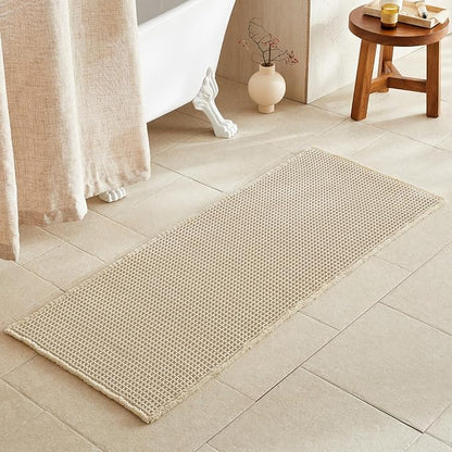 TYUU Waffle Runner Rug Bathroom, Long Boho Bath Mat, 60x24 Pale Beige | Super Absorbent Quick Dry Bath Rug, Non-Slip Backing, Soft Waffle Washable Farmhouse Bathroom Mats, Tub, Shower & Home Decor
