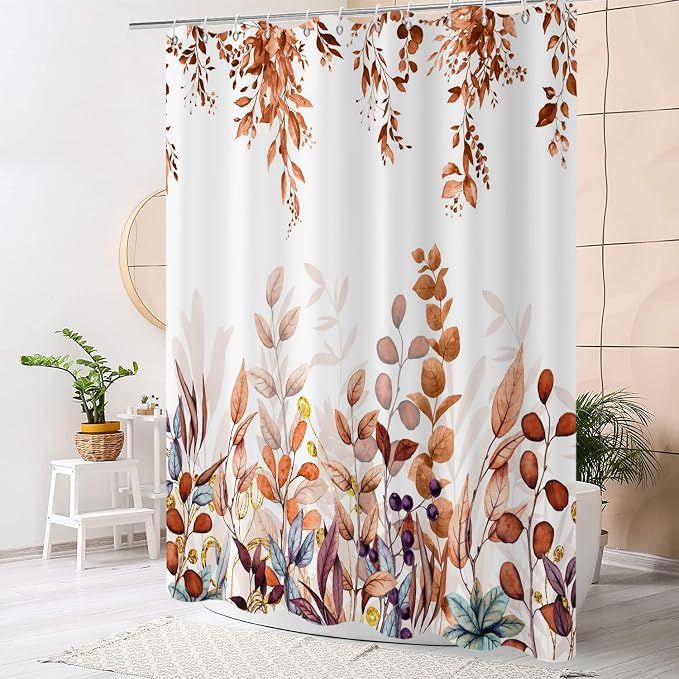 Fall Eucalyptus Leaf Shower Curtain, Watercolor Autumn Thanksgiving Botanical Plants Bathroom Curtain Bathtub Home Decor Waterproof Fabric Machine Washable with 12 PCS Hooks,60" Wx72 L