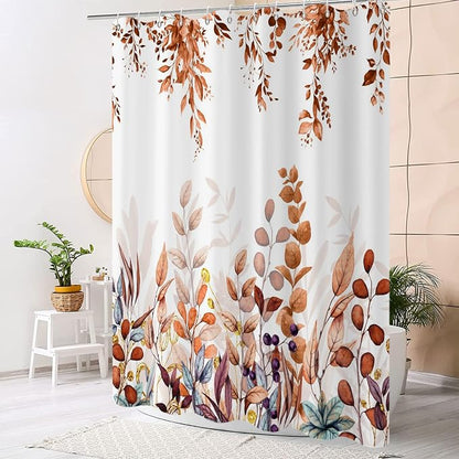 Fall Eucalyptus Leaf Shower Curtain, Watercolor Autumn Thanksgiving Botanical Plants Bathroom Curtain Bathtub Home Decor Waterproof Fabric Machine Washable with 12 PCS Hooks,72" Wx72 L