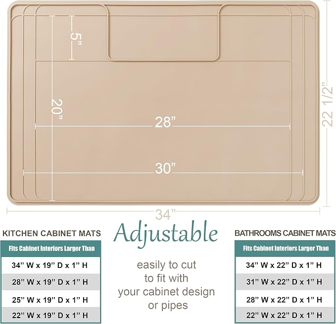 The Original Under Sink Mat - Silicone Waterproof mat, Trimmable, Easy to Clean, Kitchen cabinet liner, Under sink protector mats, Drip Tray with Lip - 34" x 22" or smaller - Beige
