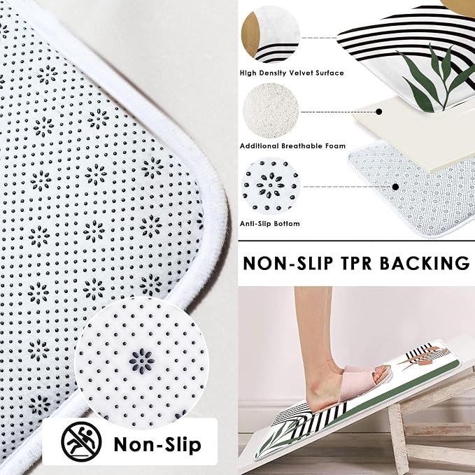 Bathroom Sets with Shower Curtain and Rugs, 4 Pcs, Boho Green | Minimalist Modern Abstract Bathroom Decor Set with Toilet Lid Cover, Non-Slip Bath Mats and 12 Hooks