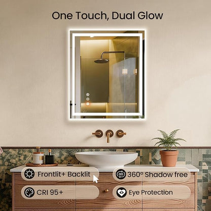 24x30 LED Bathroom Mirror with Anti-Fog, Backlit & Front Lit, Memory | Stepless Dimmable 3 Color CRI 95+ Shatterproof Tempered Glass ETL Listed for Safety Lighted Bathroom Vanity Mirror for Wall