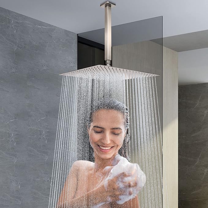 NearMoon Rain Shower Head With Shower Arm, Ceiling Mount Square Shower, Stainless Steel Ceiling Rainfall Showerhead- Waterfall Full Body Coverage (16 Inch, Brushed Nickel)